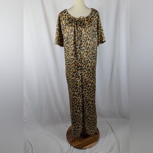 Vintage Leopard Kaftan Satin Cheetah Animal Print Maxi MuuMuu House Dress Sz M